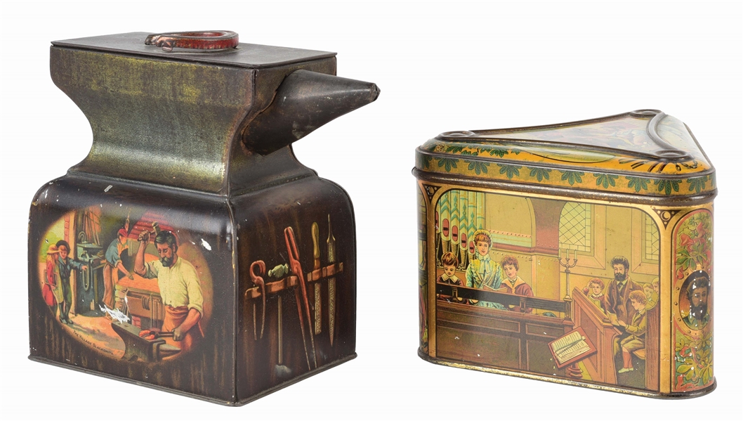 LOT OF 2: BLACKSMITH-THEMED BISCUIT TINS.