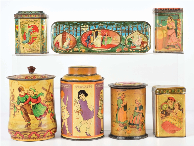 LOT OF 7: JUVENILE-THEMED BISCUIT TINS.