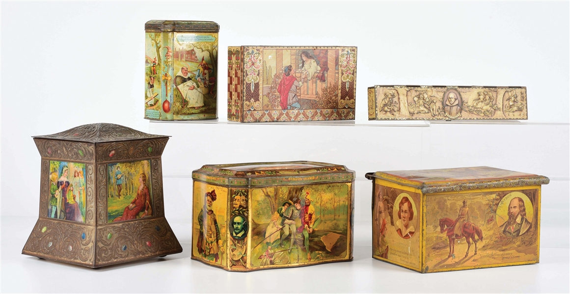 LOT OF 6: MOSTLY SHAKESPEARE-THEMED BISCUIT TINS.
