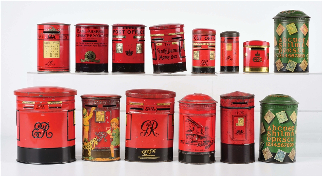 LOT OF 14: POST OFFICE PILLAR BOX BISCUIT TINS.