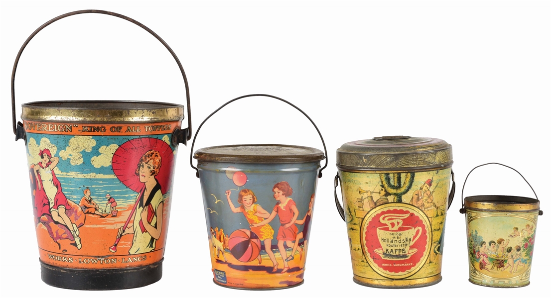 LOT OF 4: SAND PAIL BISCUIT TINS.
