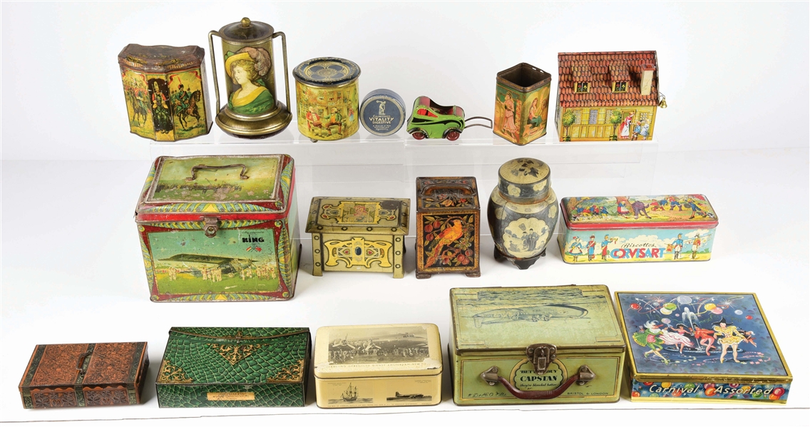 LARGE LOT OF MOSTLY FOREIGN MADE TIN LITHO BISCUIT TINS.