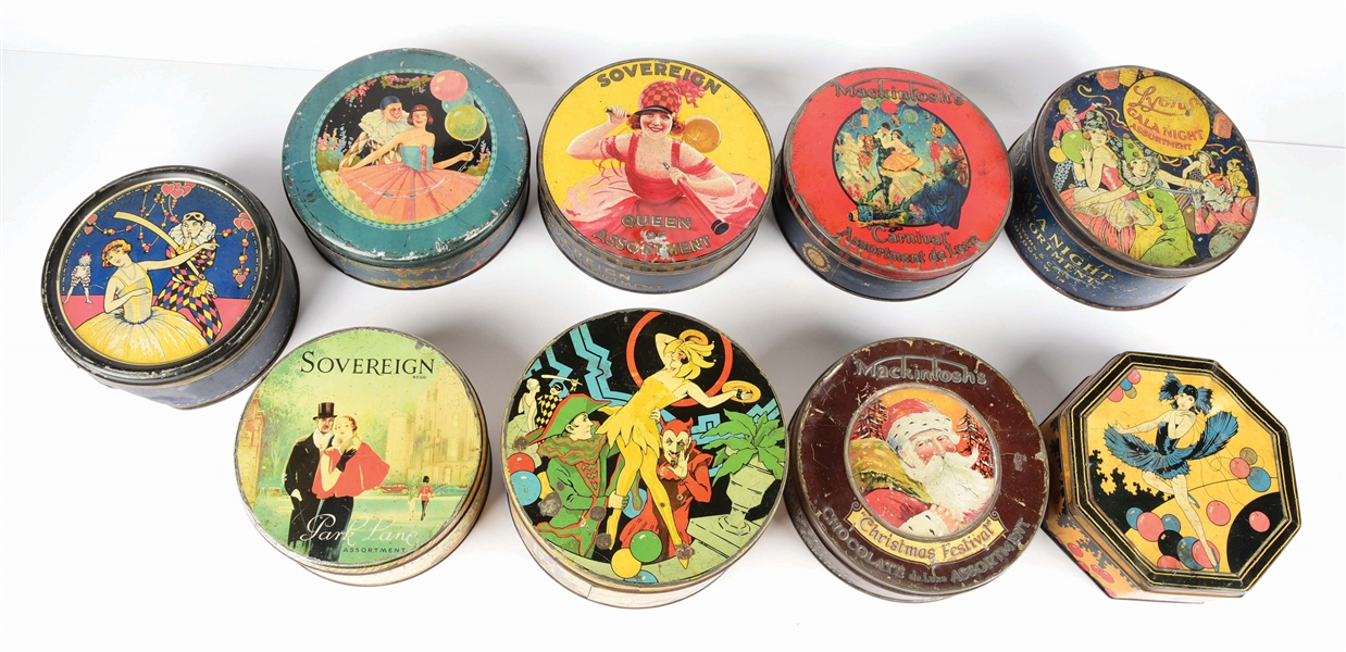 LARGE LOT OF TIN LITHOGRAPHED FOREIGN MADE BISCUIT TINS.