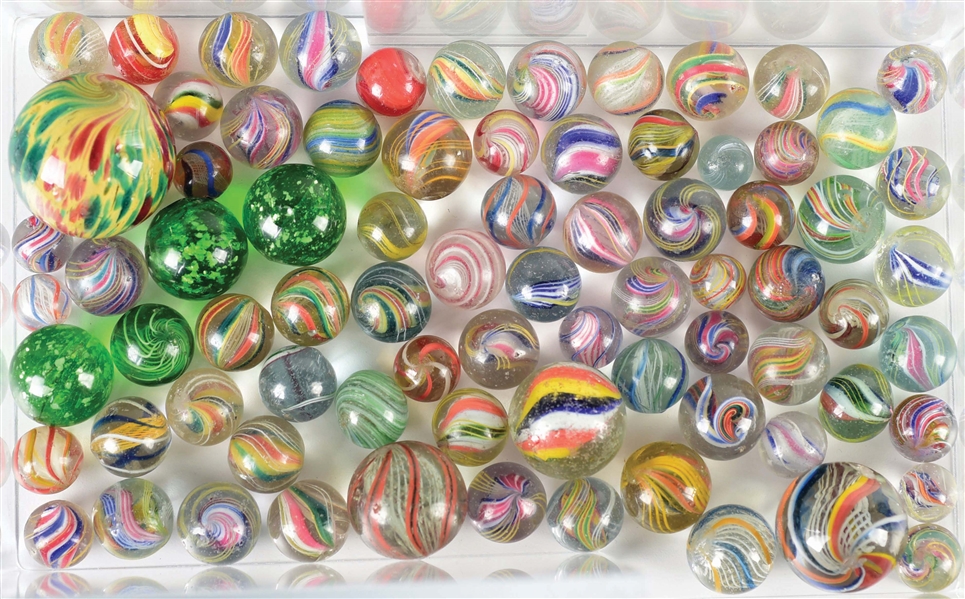 LOT OF APPROXIMATELY 78 HAND MADE MARBLES.