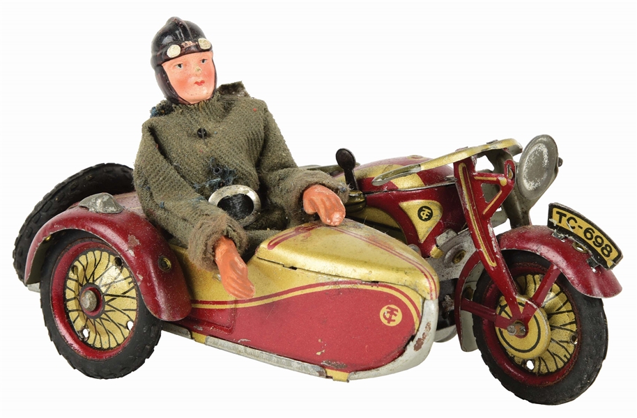 GERMAN PRE-WAR TIN LITHO WIND-UP TIPPCO MOTORCYCLE WITH SIDECAR TOY.