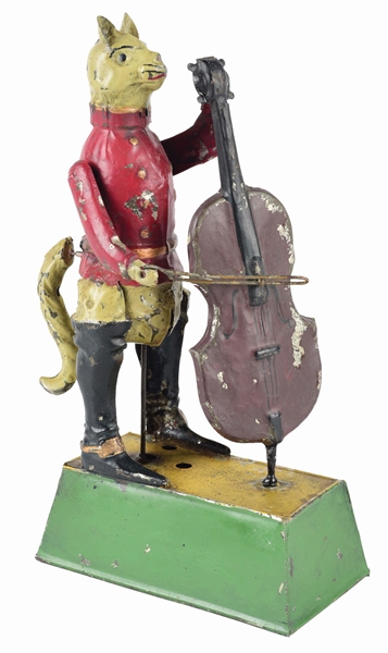 GERMAN HANDPAINTED WIND-UP CAT PLAYING CELLO TOY.