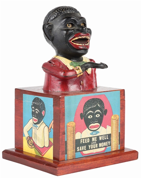 JOLLY "N" J. HARPER ON WOODEN COLLECTION BOX CAST IRON MECHANICAL BANK.