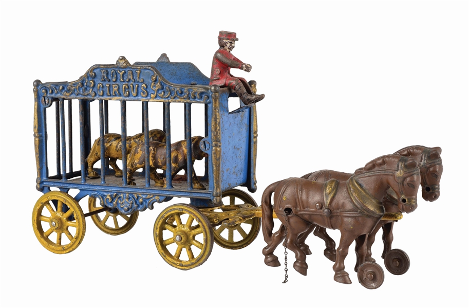 HUBLEY CAST IRON HORSE- DRAWN ROYAL CIRCUS LION CAGE.