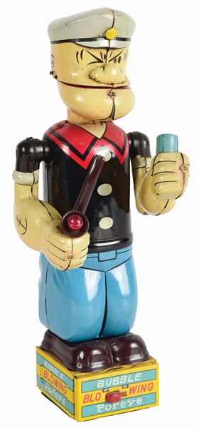 JAPANESE LINEMAR POPEYE TIN LITHO BATTERY-OPERATED BUBBLE-BLOWING POPEYE TOY.
