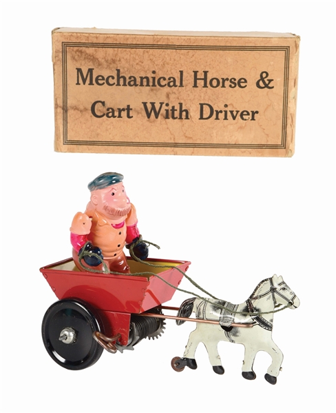 MARX TIN LITHO AND CELLULOID WIND-UP BRUTUS MECHANICAL HORSE AND CART WITH DRIVER.
