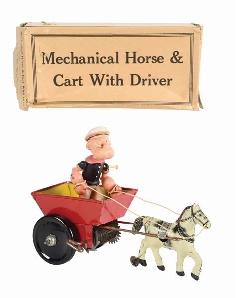 MARX TIN LITHO AND CELLULOID WIND-UP POPEYE MECHANICAL HORSE AND CART WITH DRIVER.