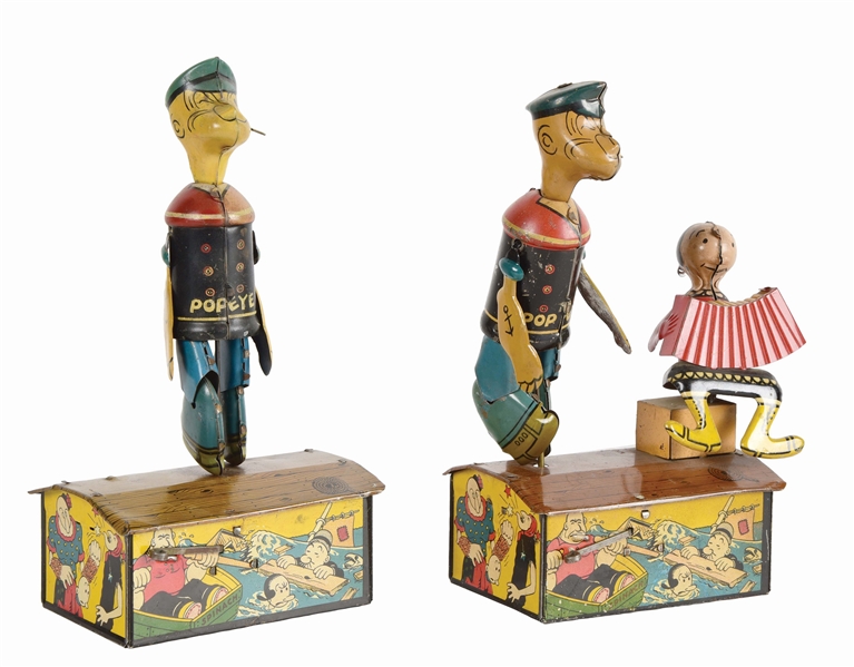 LOT OF 2: MARX TIN LITHO POPEYE AND POPEYE AND OLIVE OYL ROOF DNACING TOYS.