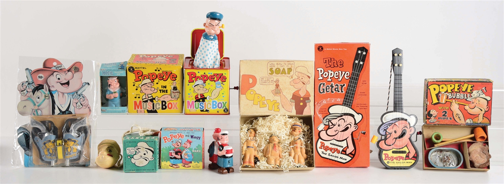 LOT OF 8: VARIOUS POPEYE TOYS AND MEMORIBILIA ITEMS.