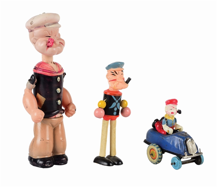 LOT OF 3: EARLY CELLULOID AND TIN POPEYE TOYS.