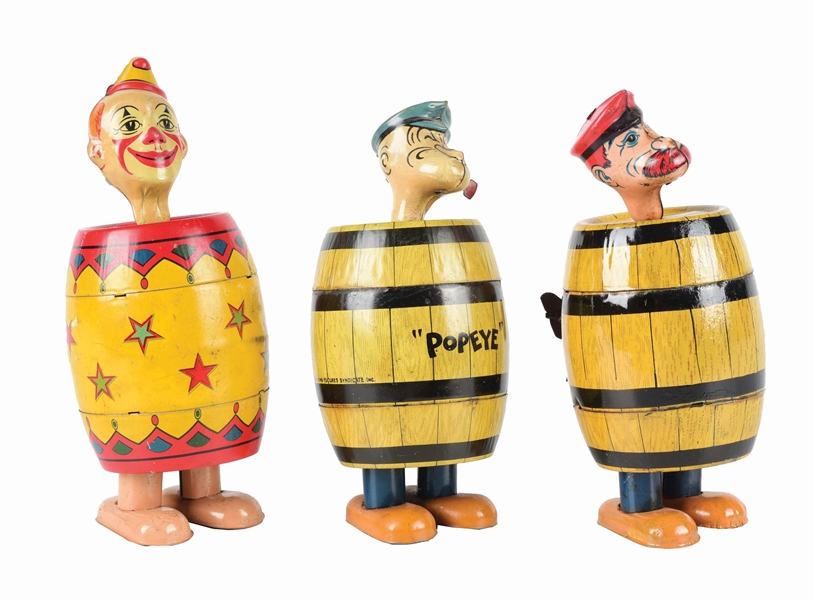 LOT OF 3: CHEIN TIN LITHO WIND-UP CHARACTER IN BARREL TOYS.