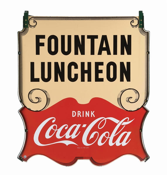 DOUBLE-SIDED COCA-COLA FOUNTAIN LUNCHEON SIGN.