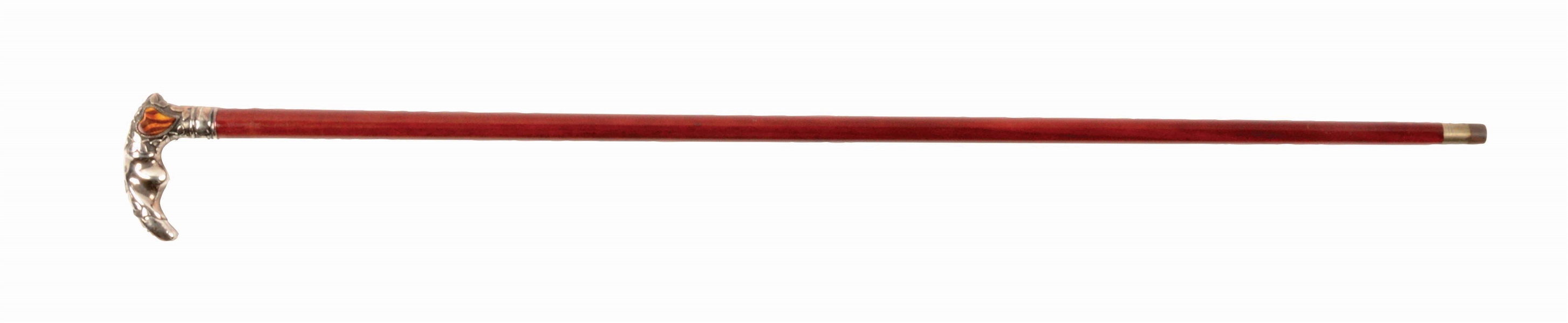CANE WITH STERLING QUARTZ STONE INLAID L HANDLE.