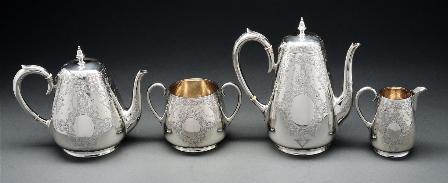 A FOUR PIECE ENGLISH SILVER TEA AND COFFEE SERVICE. 