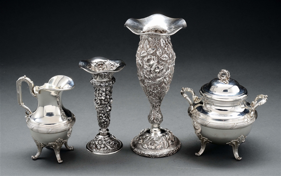 LOT OF 4: A HEER SCHOFIELD REPOUSSE STERLING VASE, STREFF VASES AND FRENCH CREAM & SUGAR.