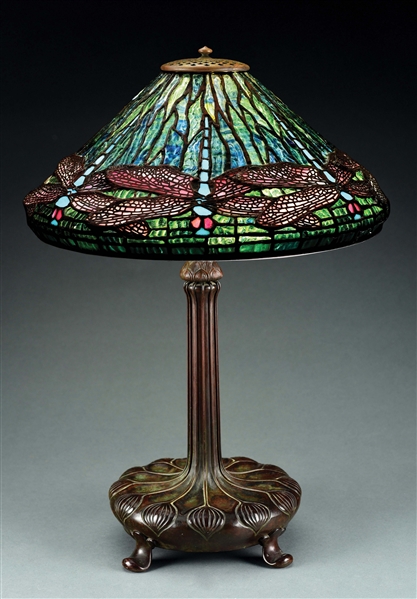 TIFFANY STUDIOS EARLY DRAGONFLY LEADED GLASS TABLE LAMP.