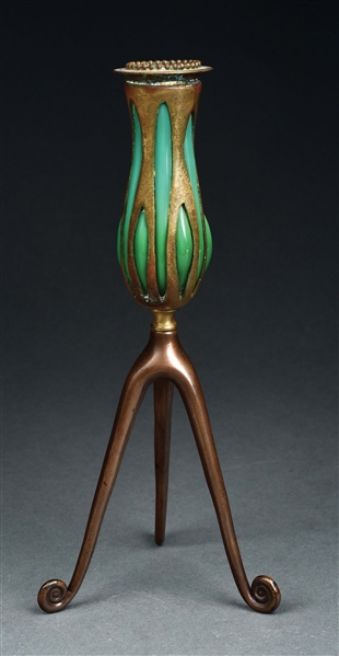 TIFFANY STUDIOS CANDLESTICK WITH BLOWN OUT GLASS.