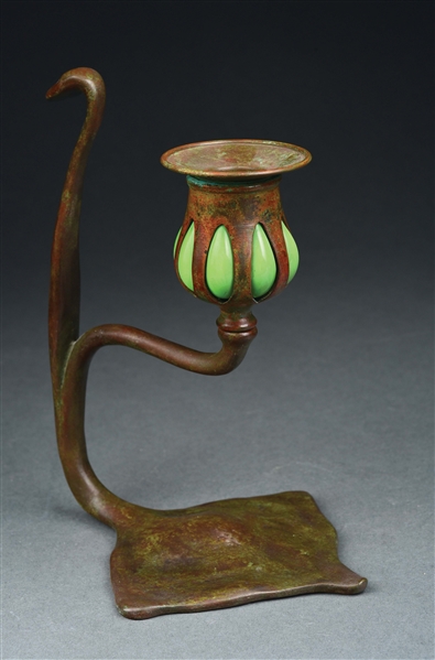 TIFFANY STUDIOS CANDLESTICK WITH BLOWN OUT GLASS.