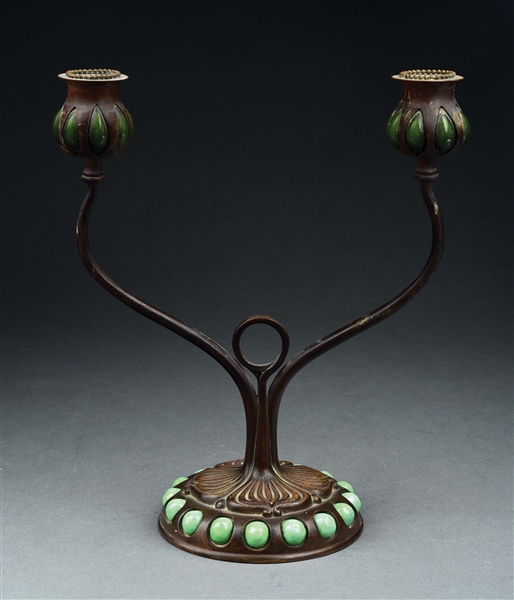 TIFFANY STUDIOS DOUBLE CANDLESTICK WITH BLOWN OUT GLASS.