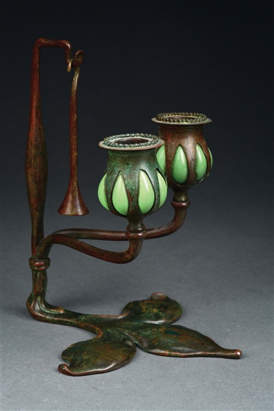 TIFFANY STUDIOS BLOWN OUT DOUBLE CANDLESTICK.