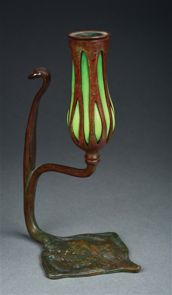 TIFFANY STUDIOS BRONZE AND BLOWN OUT GLASS CANDLESTICK.