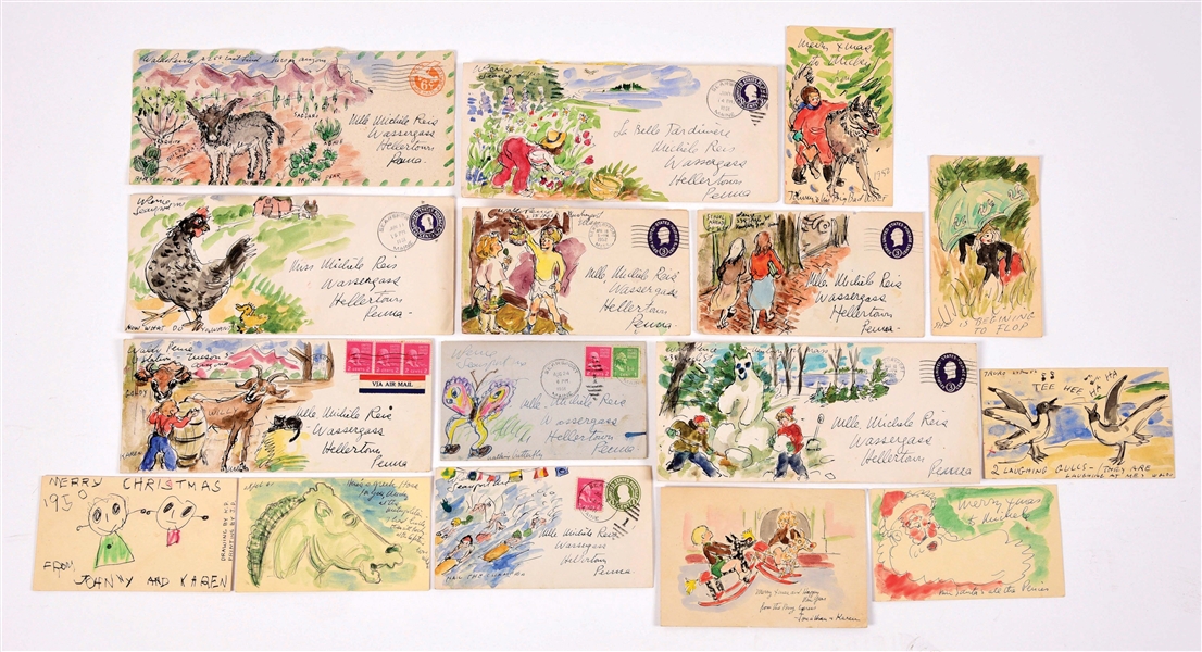 LOT OF 15: WALDO PEIRCE ILLUSTRATED ENVELOPES WITH LETTERS AND POSTCARDS.