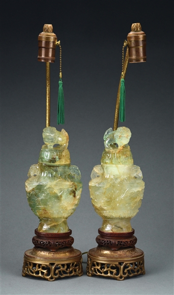 PAIR OF CHINESE HAND CARVED QUARTZ LAMPS.