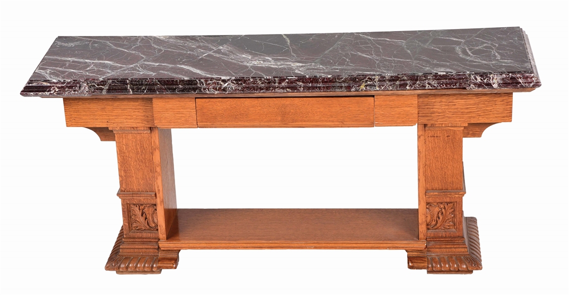 ENGLISH VICTORIAN OAK SERVING TABLE WITH MARBLE TOP.