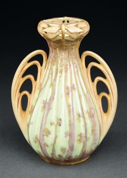 PAUL DACHSEL AMPHORA 2-HANDLED DRAGONFLY VASE WITH RETICULATED TOP.