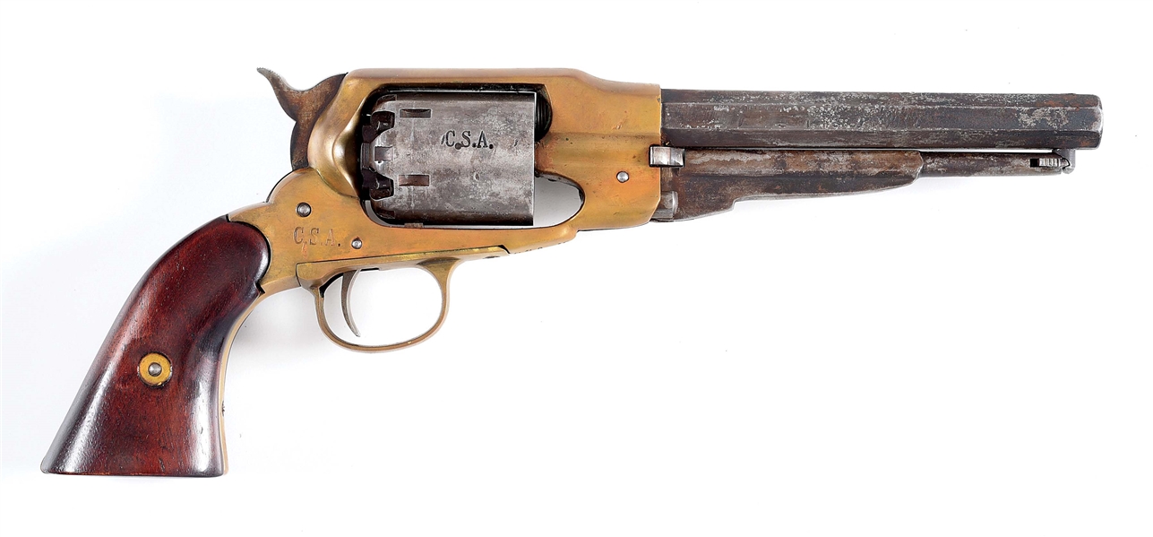(A) REPRODUCTION BRASS FRAME MODEL 1858 STYLE PERCUSSION REVOLVER.