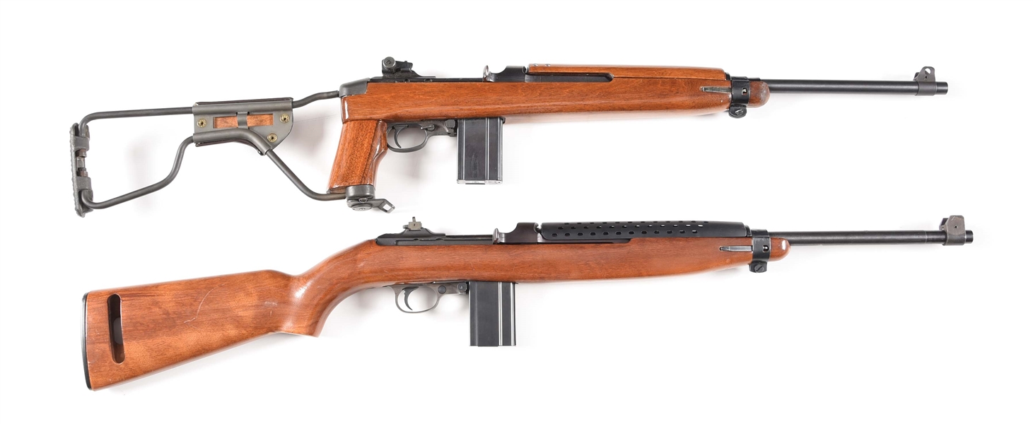 (M) LOT OF 2: IVER JOHNSON AND NATIONAL ORDNANCE M1 CARBINE SEMI AUTOMATIC RIFLES.