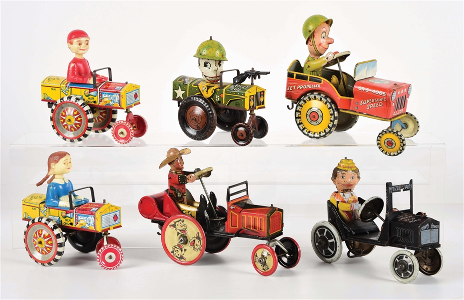 LOT OF 6: VARIOUS MARX AND UNIQUE ART TOY WIND-UP VEHICLES.