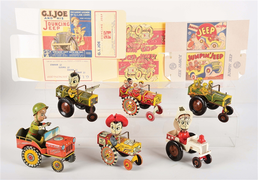 LOT OF 6: AMERICAN MADE TIN LITHO MARX AND UNIQUE ART WHOOPIE CAR TOYS.