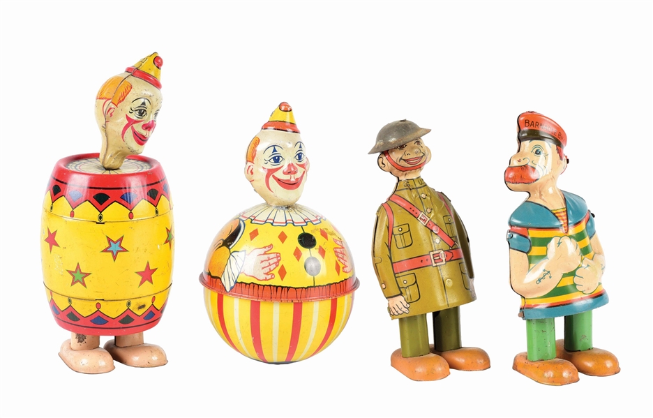 LOT OF 4: CHEIN TIN LITHO WIND-UP AND ROLY-POLY CHARACTERS.