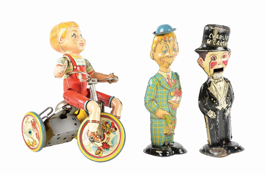 LOT OF 3: MARX AND UNIQUE ART TIN LITHO WIND-UP CHARACTER FIGURES.