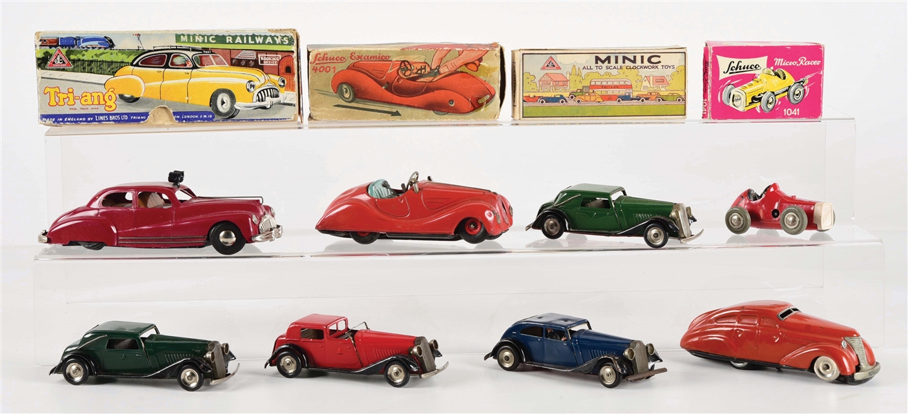 LOT OF 8: SCHUCO, TRI-ANG, AND MINIC AUTOMOBILE TOYS. 