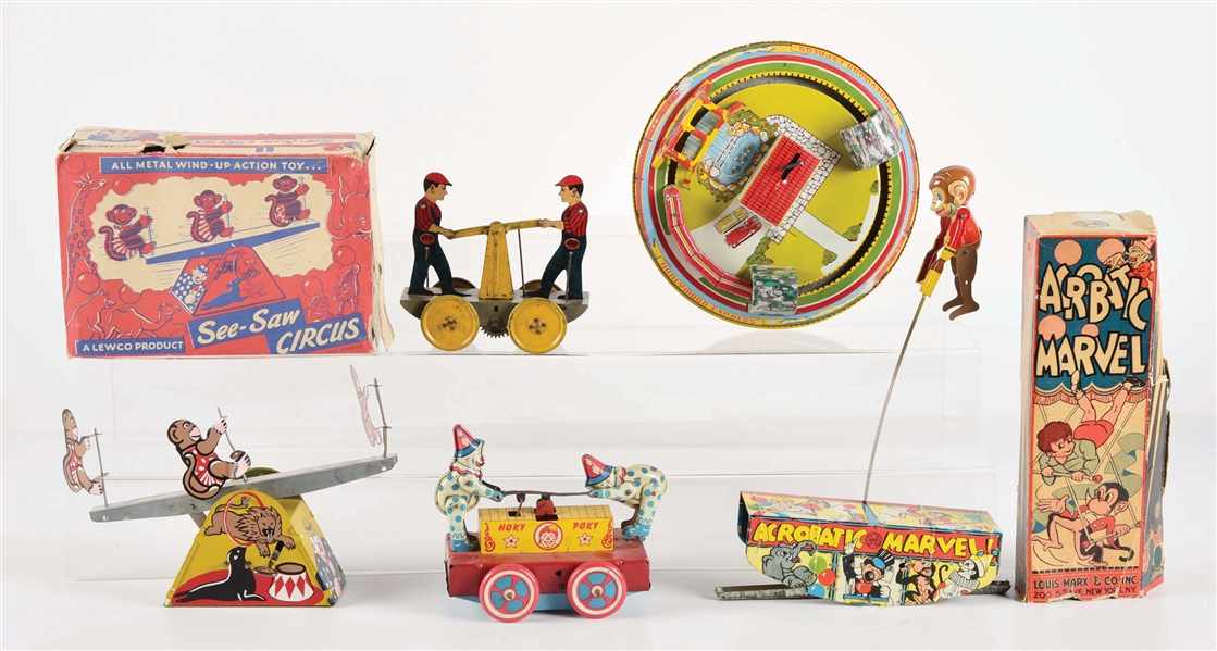 LOT OF 5: VARIOUS AMERICAN MADE TIN LITHO WIND-UP TOYS.