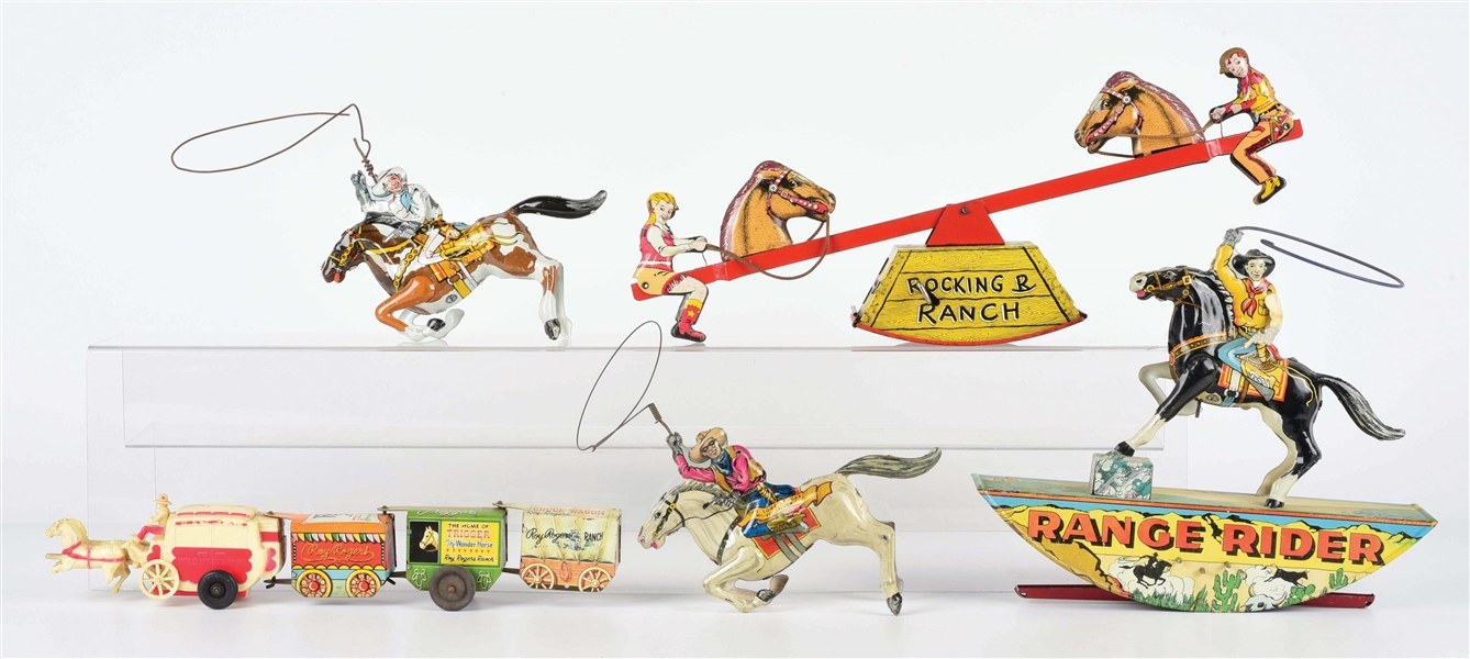 LOT OF 5: VARIOUS TIN LITHO AND PLASTIC AMERICAN MADE COWBOY RELATED TOYS.