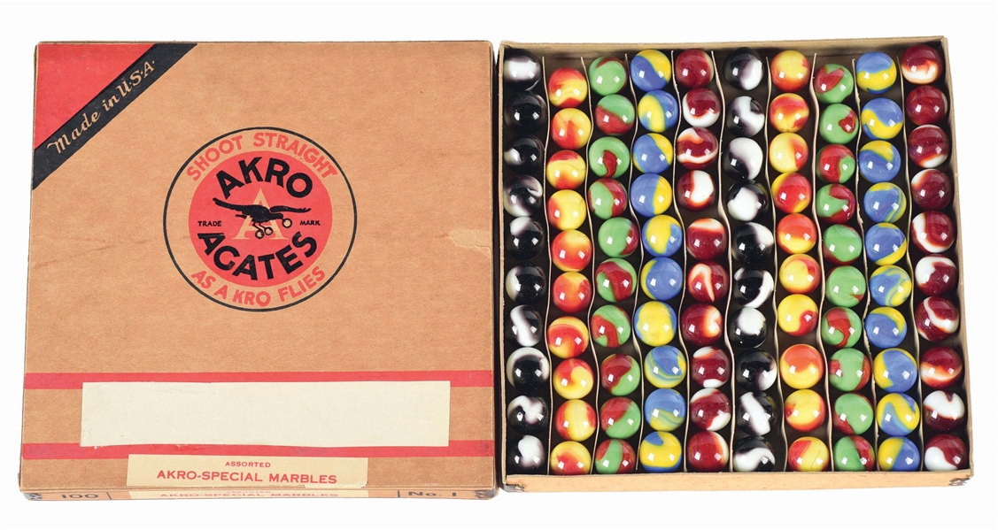 AKRO AGATE NO. 1 100 COUNT ASSORTED SPECIAL MARBLES BOX SET.