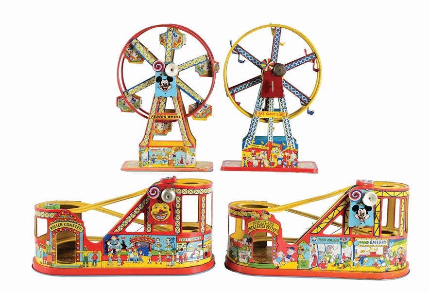 LOT OF 4: VARIOUS TIN LITHO AND PLASTIC CHEIN AMUSEMENT PARK TOYS.