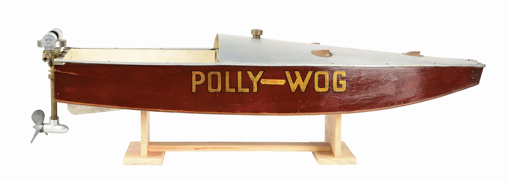 EARLY H. E. BOUCHER POLLY-WOG MODEL BOAT WITH ORIGINAL PLANS IN TUBE.