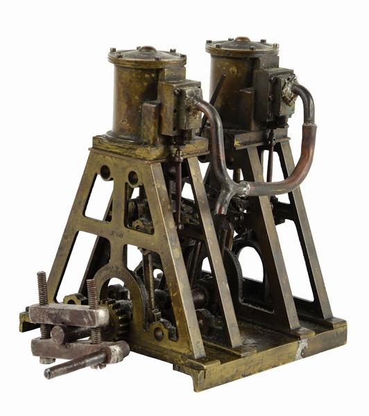 RARE AND UNUSUAL EARLY HANDMADE VERTICAL INVERTED MARINE STEAM ENGINE MODEL.
