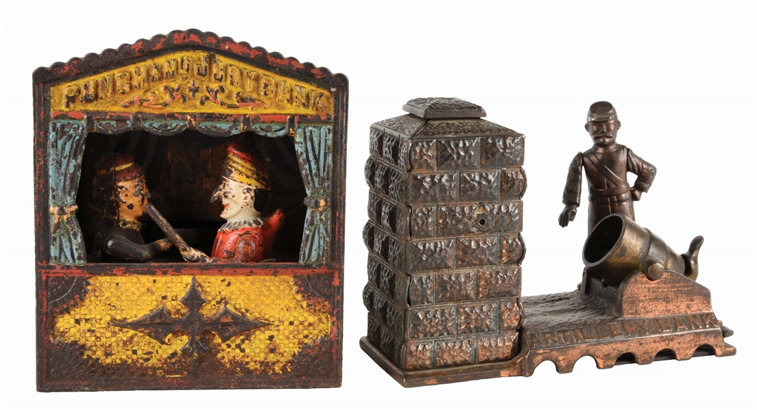 LOT OF 2: CAST IRON MECHANICAL BANKS INCLUDING PUNCH & JUDY AND ARTILLERY BANK. 