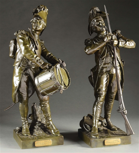 "BEFORE AND AFTER THE COMBAT" PAIR OF BRONZE STATUES.
