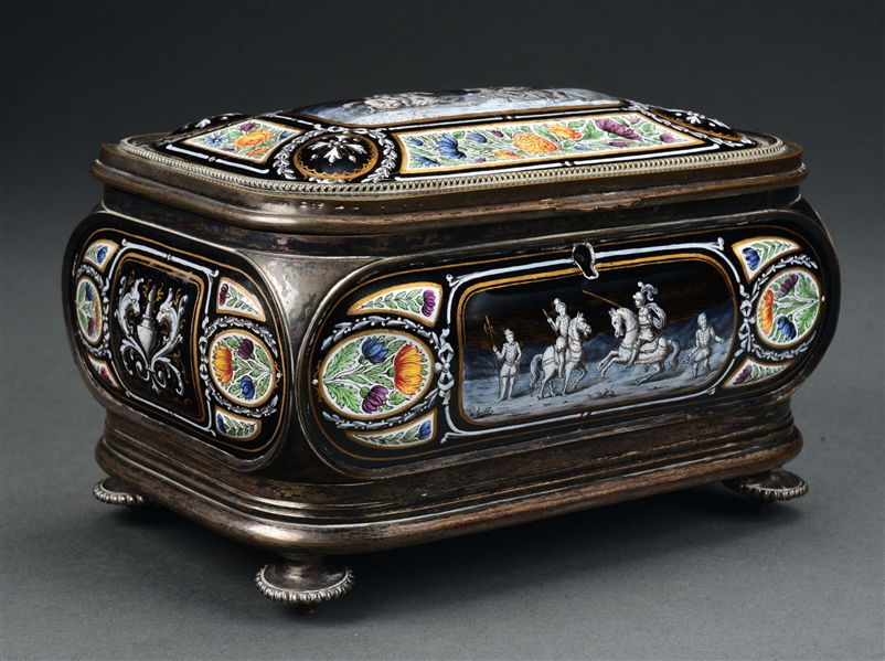 ENAMEL AND SILVER FLORAL JOUSTING BOX.