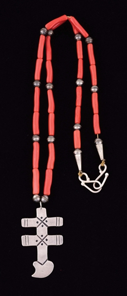 MORRIS MUSKETT STERLING SILVER & CORAL DOUBLE CROSS NECKLACE.
